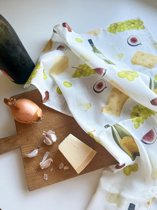 Geschirrtuch "Wein und Käse" aus Leinenmix