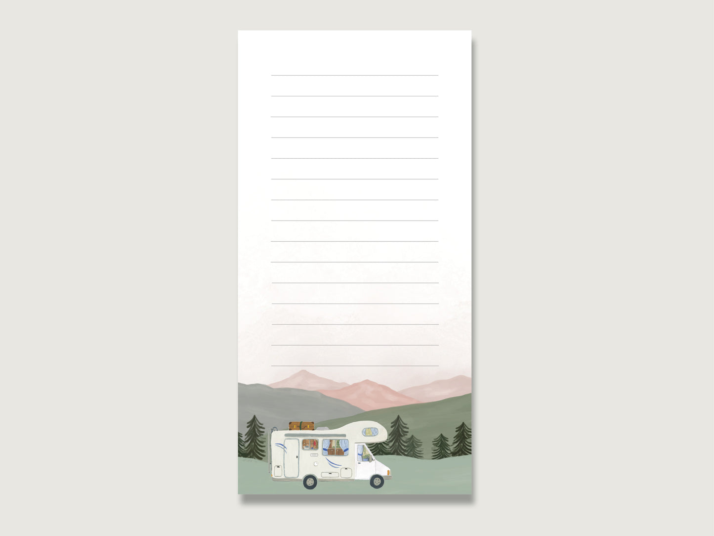 Notizblock länglich, liniert mit Wohnmobil-Illustration vor einer Natur-, Berglandschaft. Handgemalte Illustrationen in modernen, pastelligen Farben. 