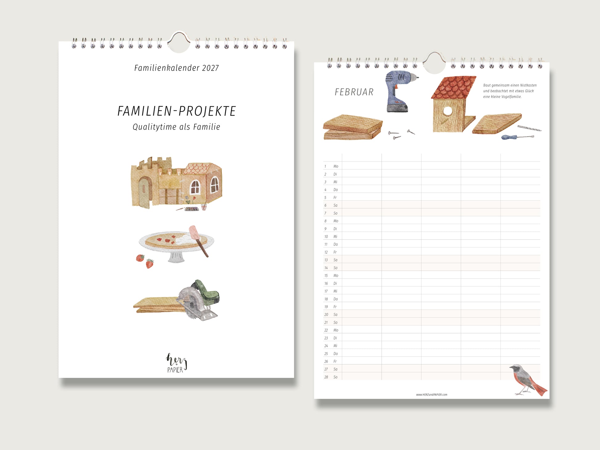 Familienkalender 2027 Titelblatt Familien-Projekte und aufgeschlagener Februar mit Werkzeug-Illustrationen und 5 Spalten