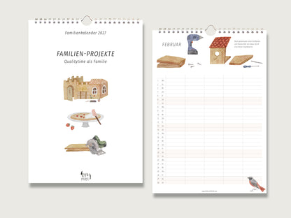 Familienkalender 2027 Titelblatt Familien-Projekte und aufgeschlagener Februar mit Werkzeug-Illustrationen und 5 Spalten