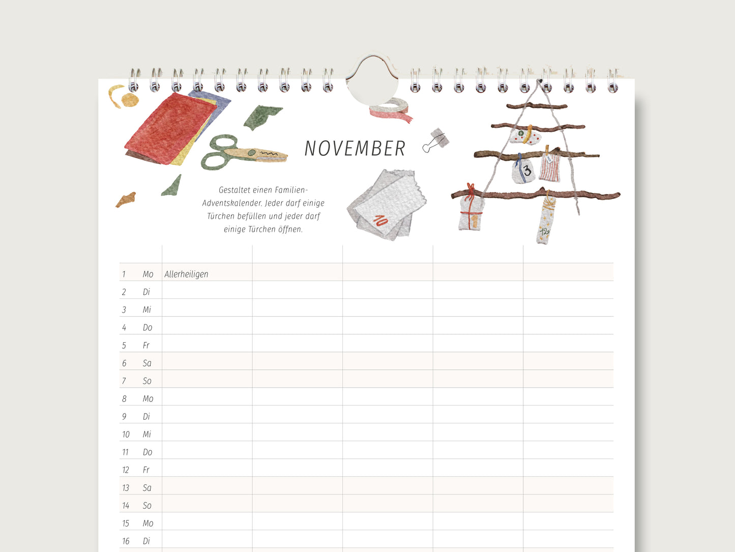 Ansicht des November-Blattes mit hinterlegten Feiertagen und einem illustrierten Familienprojekt für mehr Quality time 