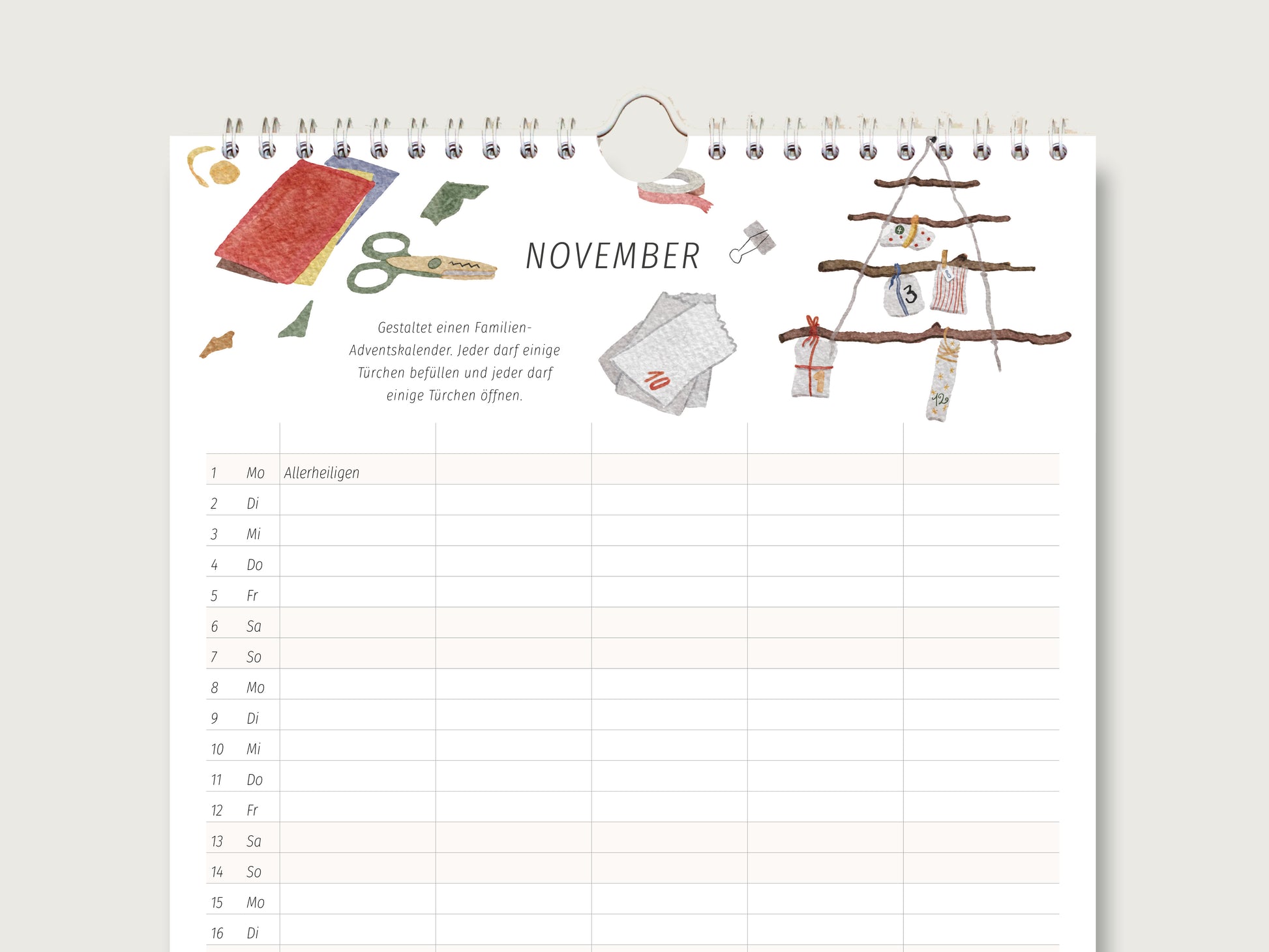 Ansicht des November-Blattes mit hinterlegten Feiertagen und einem illustrierten Familienprojekt für mehr Quality time 
