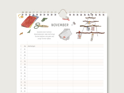 Ansicht des November-Blattes mit hinterlegten Feiertagen und einem illustrierten Familienprojekt für mehr Quality time 