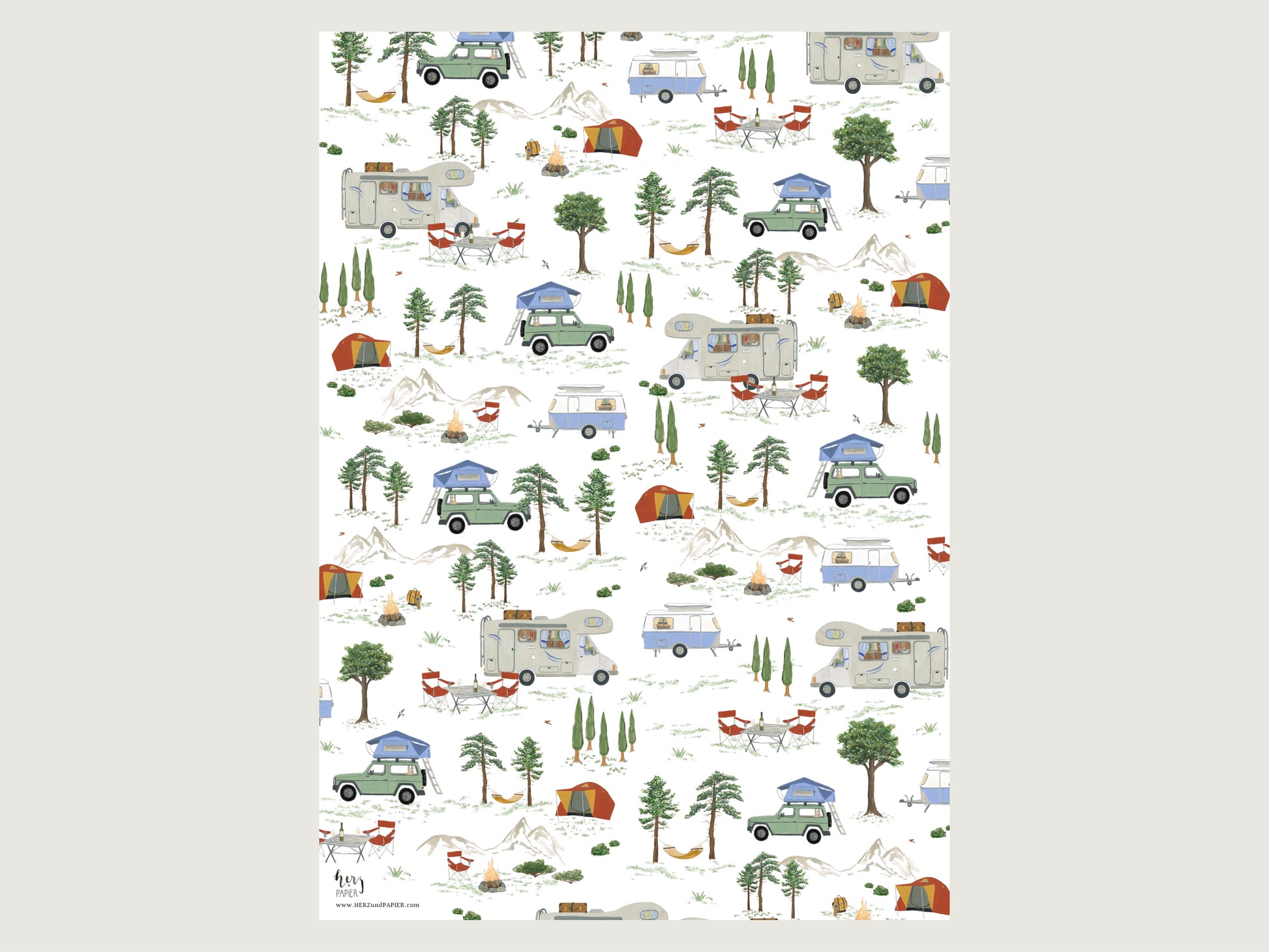 Bogen Camping-Geschenkpapier mit Wohnwagen, Wohnmobil und Fahrzeug mit Dachzelt in landschaftlicher Kulisse. Hängematte und Lagerfeuer sowie Zelt. 