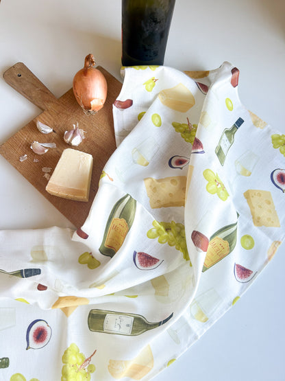 Geschirrtuch "Wein und Käse" aus Leinenmix