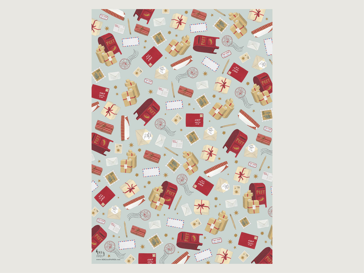Bogenansicht des Geschenkpapiers im Format DIN A2 mit handillustrierten Weihnachtsbriefen, Poststempeln und kleinen Sternen. 