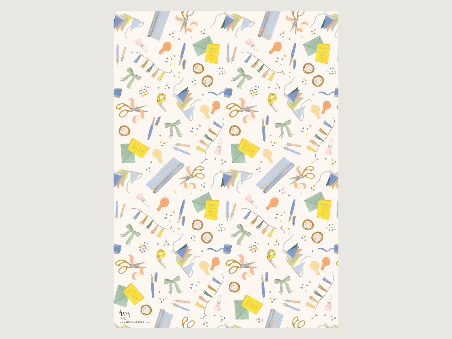 Detailansicht des bunten Geburtstag-Geschenkpapier-Bogens mit feinen, handgemalten Illustrationen. Das matte, griffige 100g Papier wird im Anschnitt gezeigt, um die brillanten Farben der gezeichneten Festdeko, die spiegelungsfreie Oberfläche und die hochwertige Papierqualität für stilvolles Geschenkeeinpacken zu präsentieren.