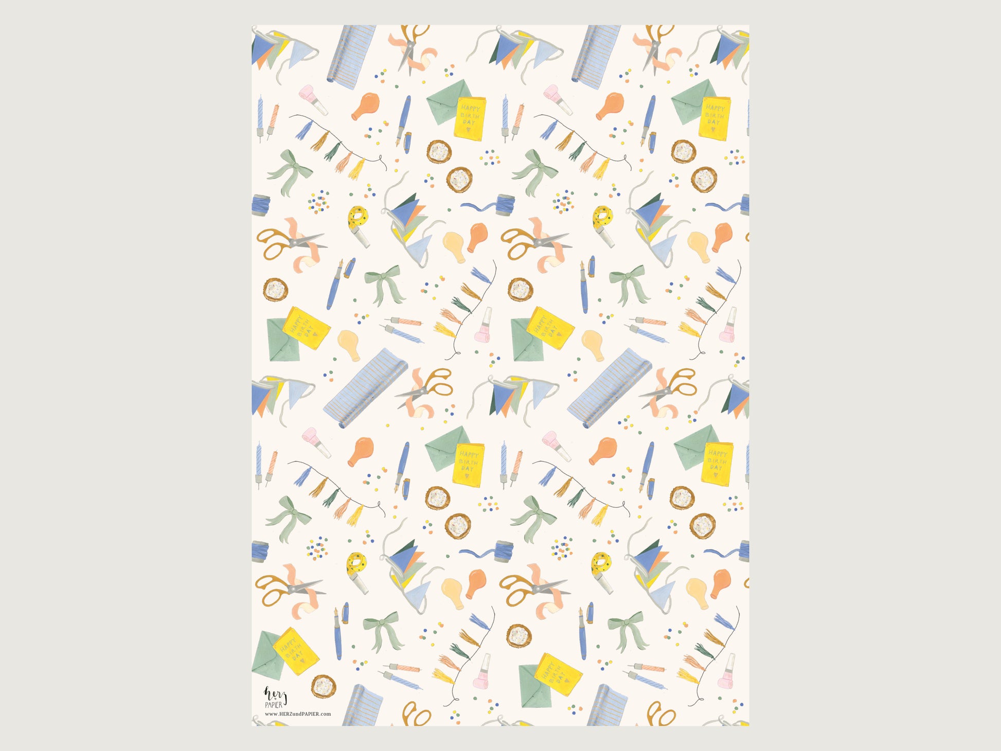 Detailansicht des bunten Geburtstag-Geschenkpapier-Bogens mit feinen, handgemalten Illustrationen. Das matte, griffige 100g Papier wird im Anschnitt gezeigt, um die brillanten Farben der gezeichneten Festdeko, die spiegelungsfreie Oberfläche und die hochwertige Papierqualität für stilvolles Geschenkeeinpacken zu präsentieren.