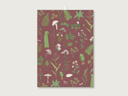 Ausgebreitetes Geschirrtuch 50x70 cm mit botanischen Motiven wie Farnen, Pilzen, Waldbeeren und praktischer Aufhängeschlaufe.