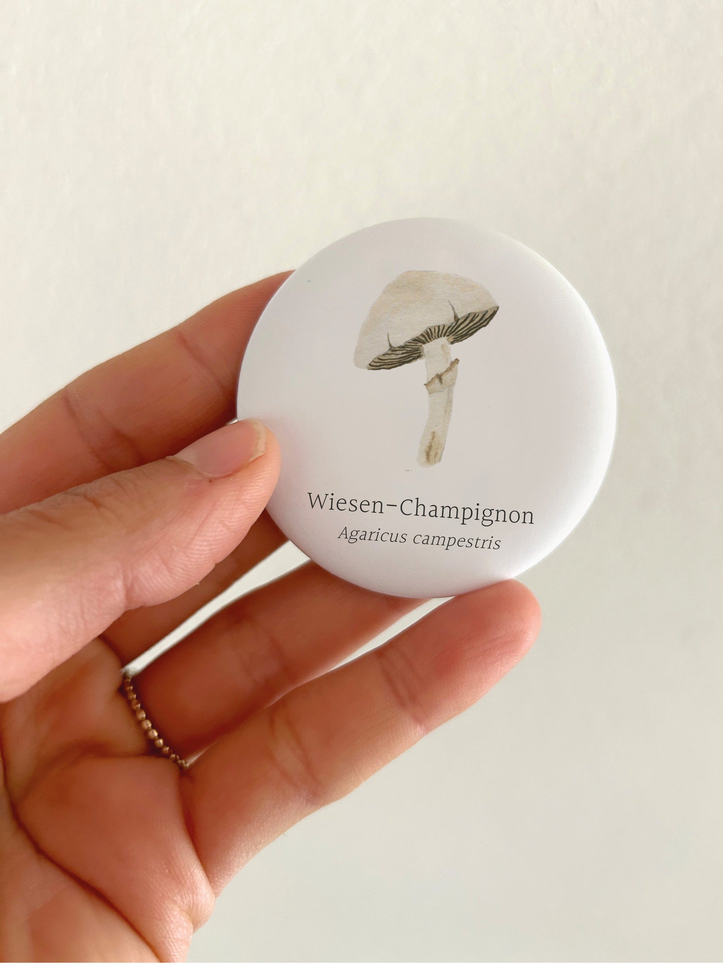 Großer Pilz-Magnet Champignon mit 55mm Durchmesser als stilvolle Küchendeko. Ein runder, matter Kühlschrankmagnet mit botanischem Pilz-Motiv wird als Größenvergleich vor einem hellen Hintergrund in einer Hand gehalten, um das reflexionsfreie Oberflächenfinish zu präsentian.