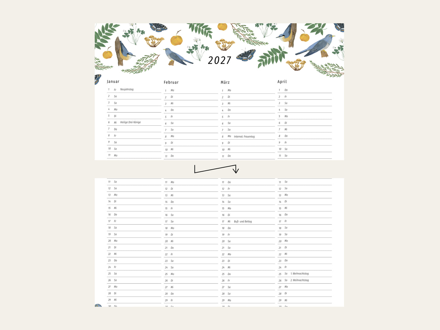 Detailansicht des Jahreskalenders 2027 mit handgemalten Naturillustrationen wie Kleiber, Kuckuck, Pfauenauge, Farnen und Pilzen über der übersichtlichen Monatsübersicht.