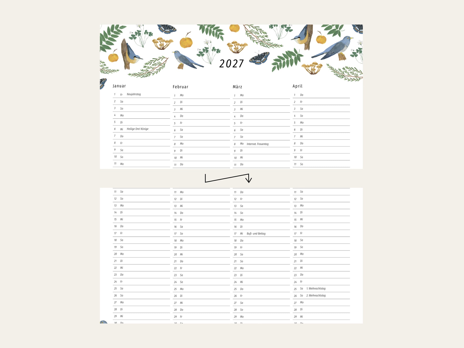 Detailansicht des Jahreskalenders 2027 mit handgemalten Naturillustrationen wie Kleiber, Kuckuck, Pfauenauge, Farnen und Pilzen über der übersichtlichen Monatsübersicht.