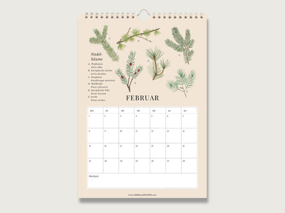 Februar-Monatsseite aus festem Naturpapier mit detailliert gezeichneten Nadelbaumzweigen von Weißtanne bis Kiefer, Feiertagen und viel Platz für Notizen.