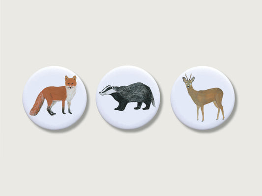 Drei runde Kühlschrankmagnete mit matten Waldtier-Illustrationen (Fuchs, Dachs und ein Rehbock mit Geweih) auf hellem Hintergrund. Die Illustrationen der Tiere wurde von Hand gemalt. 